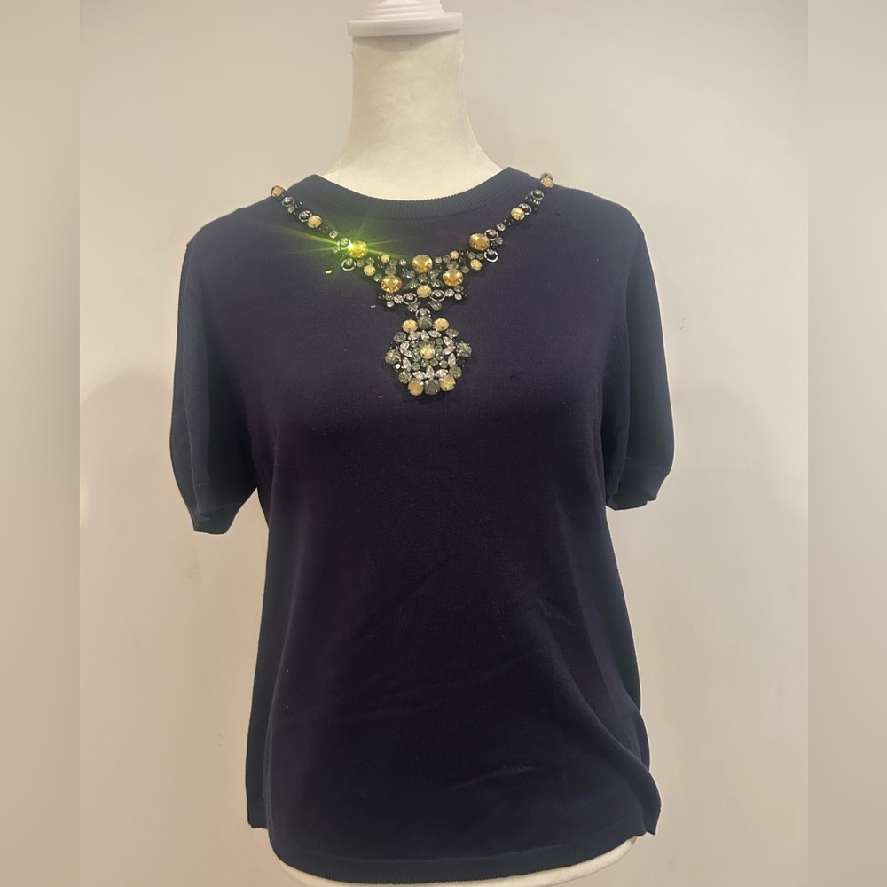 Per Se Midnight Blue Silk Blend Knit Gem-Embellished Tee Sz L NWOT